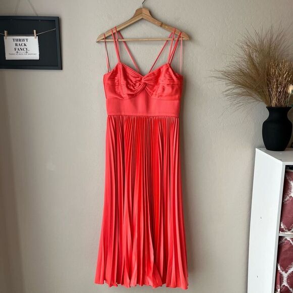 Amur Krisley Spicy Coral Pleated Cocktail Midi Dress Size 4 NWT - Picture 2 of 10